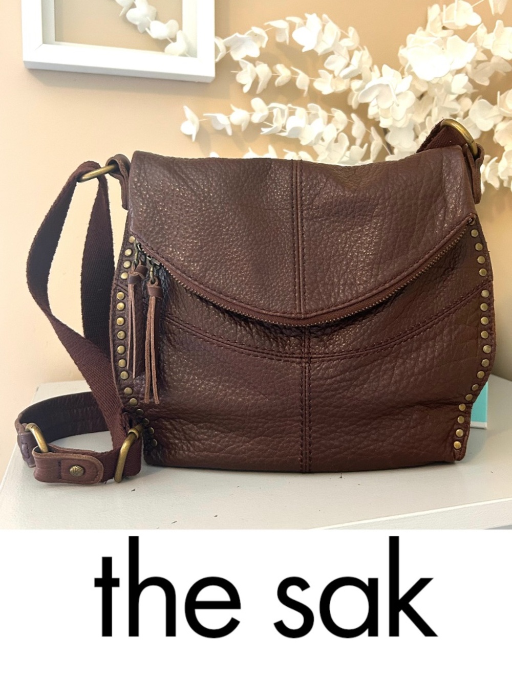 The Sak Brown Leather Flapover Boho Crossbody/Shoulder Bag Brass Grommet Details